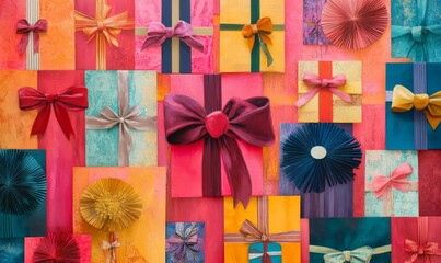 Fototapeta premium Celebrate in style with our vibrant banner featuring a multitude of gift boxes adorned with velvet ribbons and paper decorations