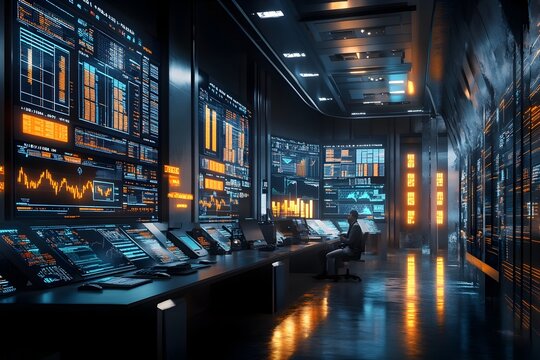 Futuristic Crypto Trading Command Center with Real Time Data Visualizations and Price Tickers - Powered by Adobe