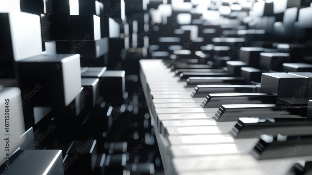 Poster piano keys emerging from a field of black cubes, symbolizing the intersection of music and technolog