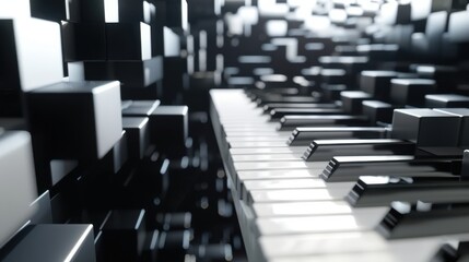 Obraz premium Piano keys emerging from a field of black cubes, symbolizing the intersection of music and technology.
