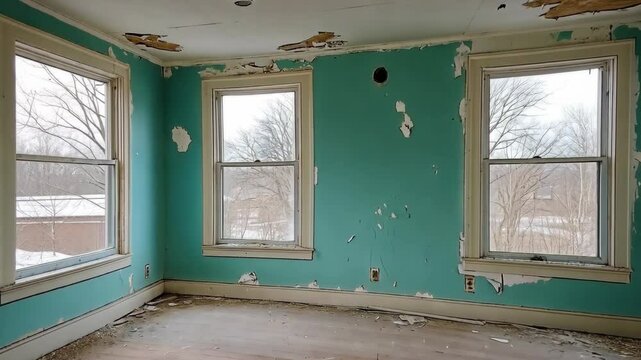 A room in a dilapidated house with peeling turquoise paint and windows overlooking a wooded area