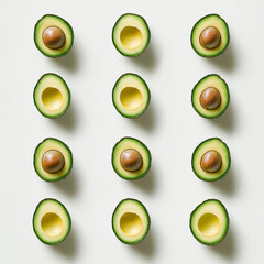 Close up of delicious avocados, top view, white background, ultra realistic, in the style of manipulated photography