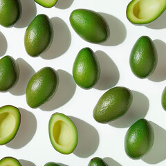 Close up of delicious avocados, top view, white background, ultra realistic, in the style of manipulated photography
