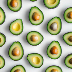Close up of delicious avocados, top view, white background, ultra realistic, in the style of manipulated photography
