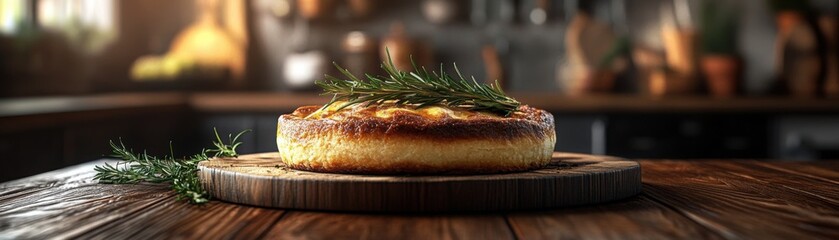 Rustic Rosemary Tart on Wooden Board, Artisan Food, Homemade Feel, Delicious Savory Pastry Perfect for Brunch or Dinner