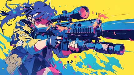 anime woman shooting a big gun, colorful anime style