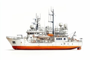 Fototapeta premium White ship with orange hull, detailed drawing.