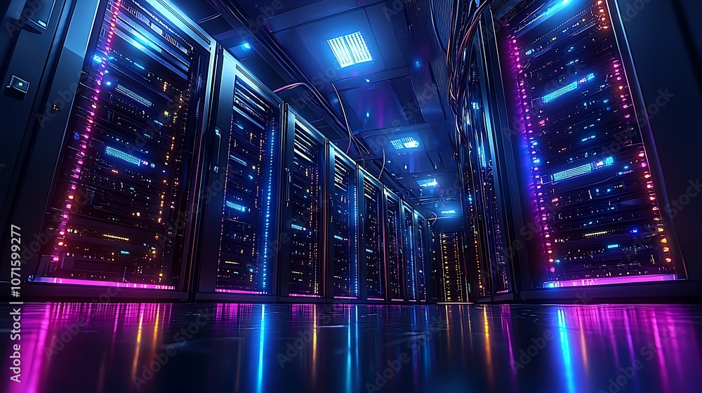 Poster a row of brightly lit server racks in a modern data center.