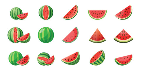 Watermelon icon set collection in flat style. Fresh sweet and healthy fruit vector illustration on isolated background. Summer food sign business concept.