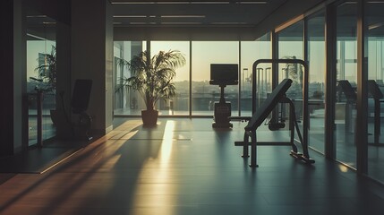 Fototapeta premium Executive Morning Routine in Premium Corporate Office Gym with Cinematic Lighting
