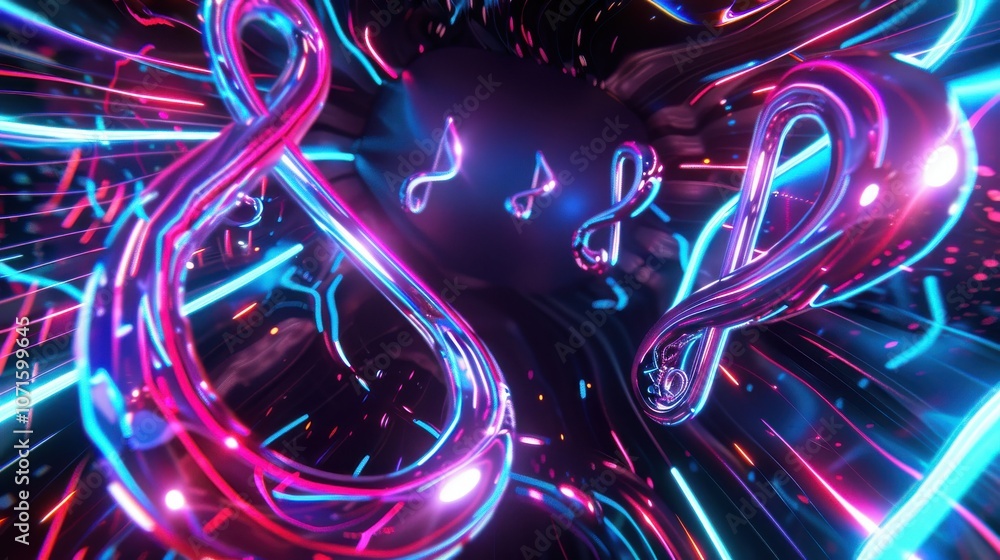 Poster a dynamic display of neon musical notes in a futuristic space, representing the synergy of music and