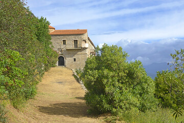 Naklejka premium Vulkanou Monastery is a settlement and monastery in Messinia. It is located on Mount Ithomi, at an altitude of 359 meters and a short distance from ancient Messina, Greece