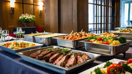 Delicious catering buffet spread with fresh cooked roasted meat & vegetable dishes. tasty beautifully arranged, freshness & flavor food on event party