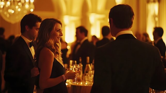 Elegant Charity Gala Networking Event in Luxurious Corporate Venue with Warm Lighting and Glamorous Decor
