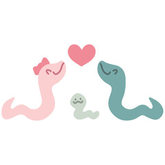 カップルや夫婦をイメージしたヘビと子供のヘビのイラストセット