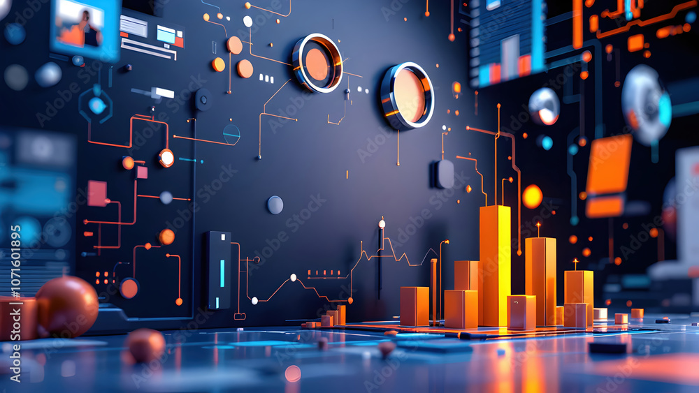 Poster abstract digital background with graphs and circuits in orange and blue tones