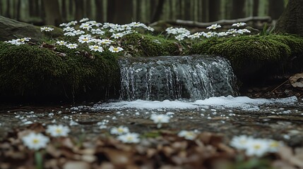 Obraz premium A small waterfall flows over moss-covered rocks in a forest, surrounded by white daisies.