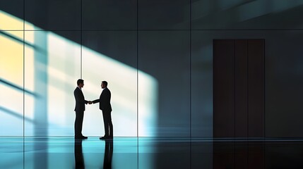 Two Executives Shaking Hands in a Modern Minimalist Office Interior with Dramatic Lighting