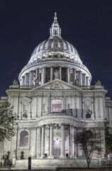 Beautiful view of St. Paul's Cathedral illuminated at night in London. Gothic architecture of saint...