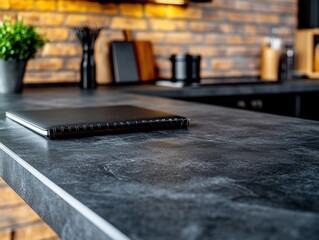 Spacious Kitchen Countertop Workspace with Laptop, Notebook, and Natural Light, Perfect for Work or Study