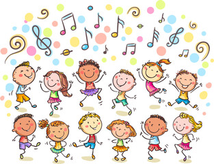 Happy cartoon kids dancing together. Group of dancing multicultural children. Doodle boys and girls jumping with joy