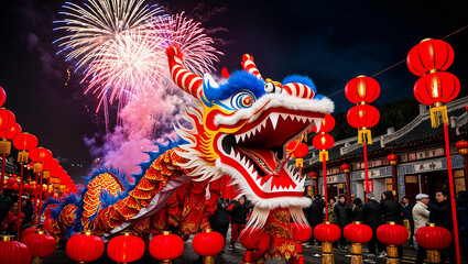 Obraz premium Colorful dragon dance with fireworks lighting night festival