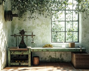 Sunlit Workshop with Antique Olive Press and Fresh Branches Traditional Organic Extraction of Heritage Olive Oil