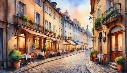 Charming street scene of a cozy caf&eacute; terrace in a picturesque European setting at sunset