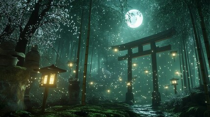 日本の祭りの後の夜の森