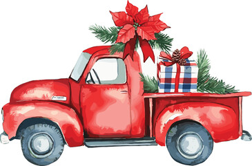 Christmas red truck with Poinsettia flower bouquet, pine cone, holly leaves, Buffalo Plaid bow ribbon. Farmhouse vintage car, Winter rustic truck, Watercolor Xmas truck,pickup truck