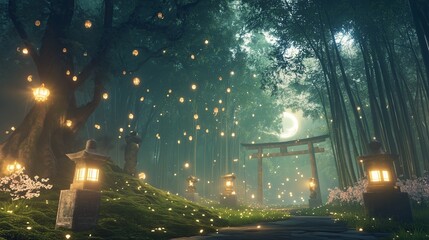 日本の祭りの後の夜の森