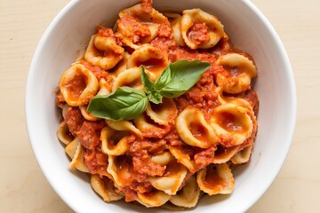 A photo of a bowl of pasta, cappelletti generously coated in a tomato-based sauce
