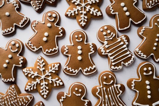 A photo of a white surface with a scattered pattern of gingerbread cookies