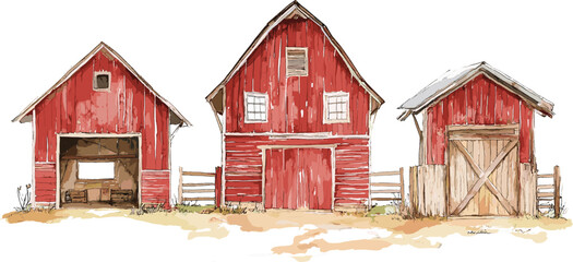 Watercolor Barns Clipart. Farm Style. Red Barn House, Horse, Wood Gate Illustrations. Wedding Invitation DIY.