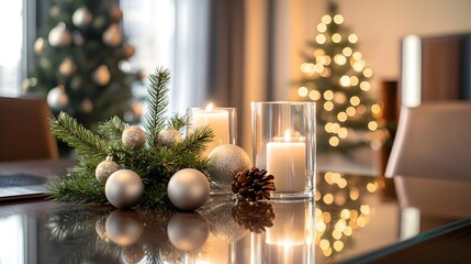 a beautifully decorated Christmas table with candles, ornaments, and a pine cone centerpiece