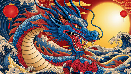 Obraz premium Mythical dragon with fierce gaze emerging amid turbulent sea.