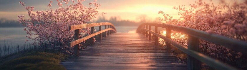 Obraz premium Tranquil Spring Scenery Cherry Blossoms Bloom Over a Wooden Bridge in a Serene Japanese Landscape, Capturing the Essence of Tranquility and Beauty