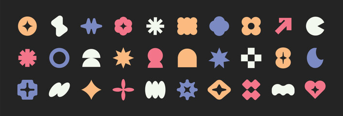 Obraz premium Trendy geometric shape elements. Colorful, Groovy, modern, brutalism. Y2k retro style.