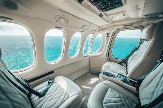 Luxury helicopter interior overlooking ocean.