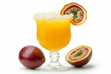 Fototapeta premium Passionfruit juice with whole and halved fruit.