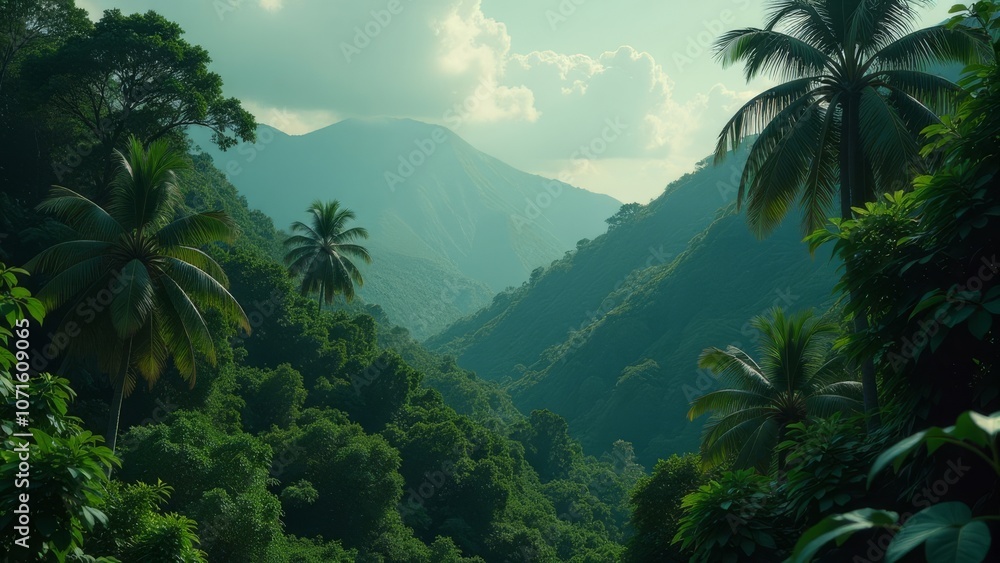 Poster a lush green forest with a mountain range in the background
