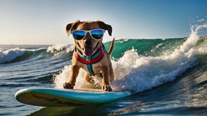 dog on the beach with surfboard
