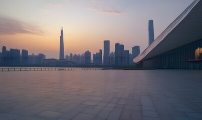 Obraz premium Empty square floor and pedestrian bridge with modern city buildings at sunset, Generative AI