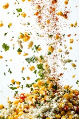 Corn, cheese, herbs, and spices falling.