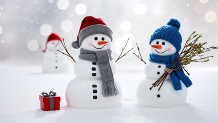 Obraz premium Snowman trio in winter landscape with red and grey theme.