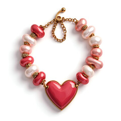Obraz premium A delicate heart charm bracelet with pink and pearl beads, perfect for gifts and special occasions, digital art of product photography concept.