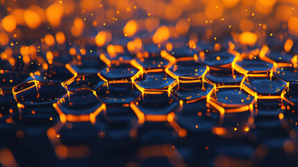 Fototapeta premium Abstract close-up of hexagonal patterns glowing with orange light, creating a mesmerizing visual effect with dynamic textures and depth.