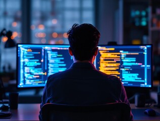 Software developer in a modern office with dual monitors and colorful code display
