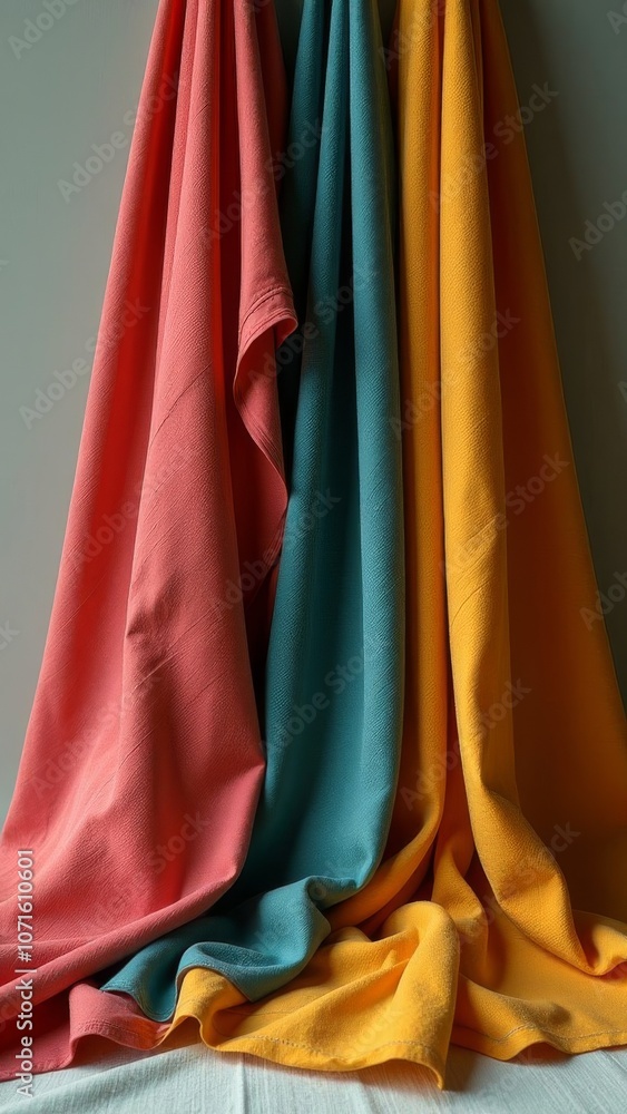 Aufkleber three different colored pieces of fabric are laid out on a table