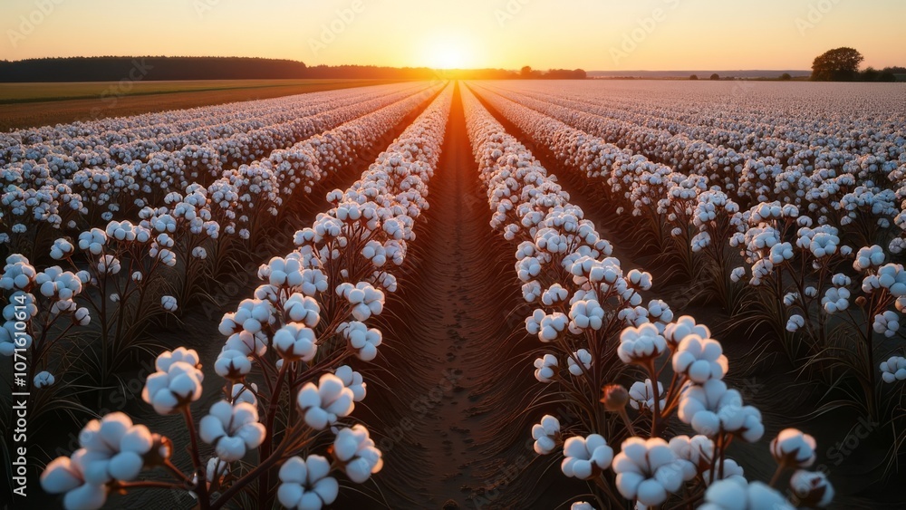 Aufkleber a field of cotton flowers with the sun setting in the background